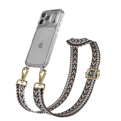Handykette für Apple iPhone 17 Pro Hülle mit Boho Breitband Grau / Schwarz -Gold