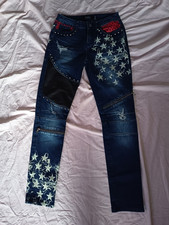 Hose Jeans Rock Rebel ausgefallen Patchwork Totenkopf Sterne Nieten W28L32