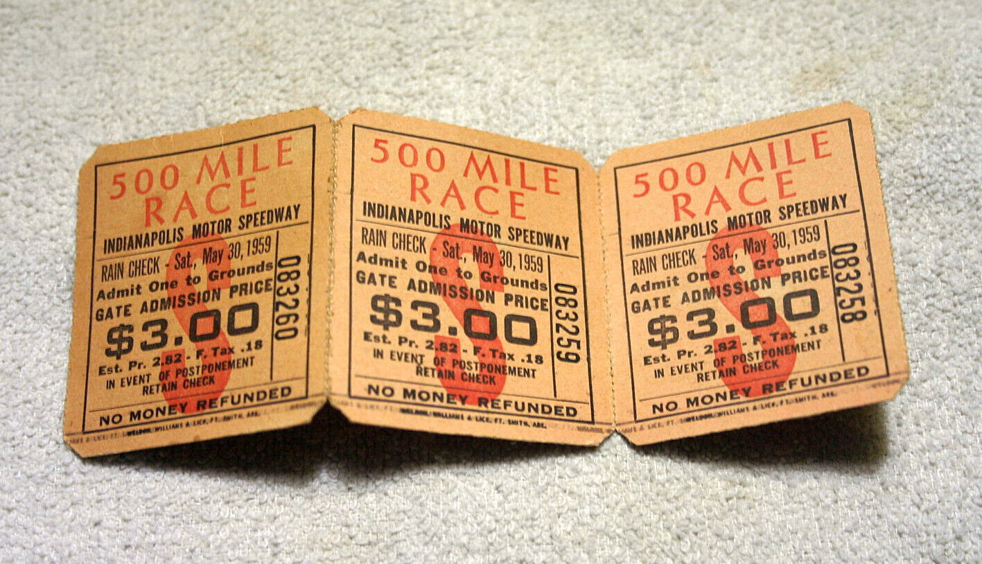 3 Vintage Indy 500 Ticket Stubs May 30th 1959 Strip of 3 Rain checks