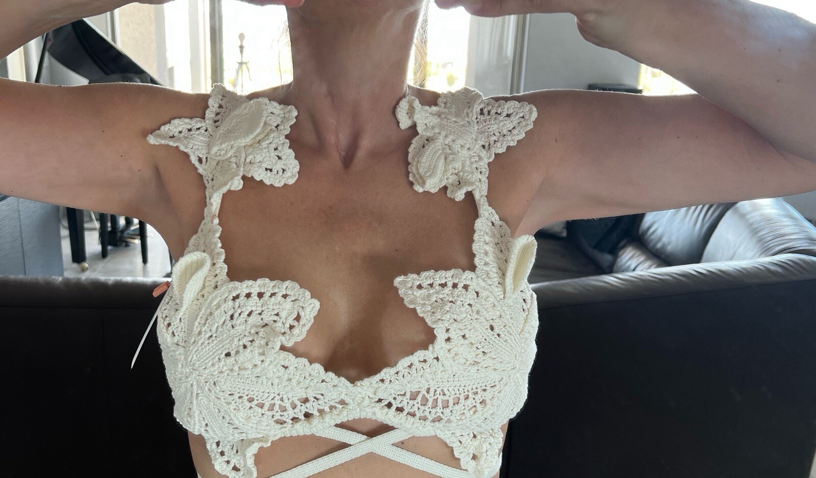 Cult Gia REINA CROCHET BIKINI TOP White NWT Size L