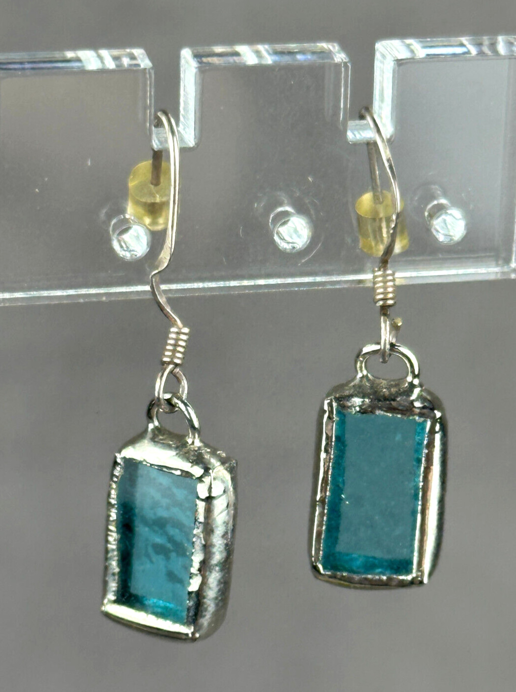Pierced Earrings Rectangular Blue Stained Glass 9… - image 1