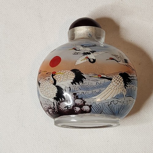 Vintage Glass Snuff Bottle Inside Reverse Painted Landscape Scenery Cranes Asian - Picture 2 of 10