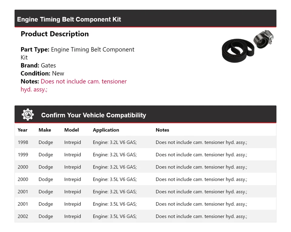 Kit de componentes de correa de distribución de motor Dodge Intrepid 1998-2002 puertas 1999 2000 Foto 2 de 4