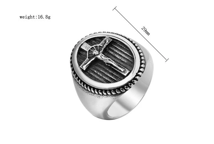 Anillo de sello de cruz de acero inoxidable estilo retro martillado Santa Cruz cristiana para hombre Foto 2 de 4
