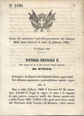 Regio Decreto 1868 Vittorio Emanuele II Legge di bilancio dello Stato