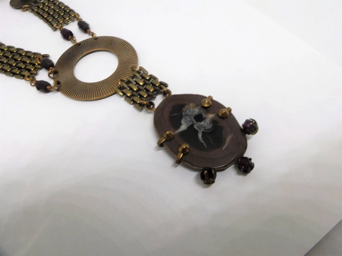 Jan Michaels San Franciso Agate slice Garnet gems pendant chain
