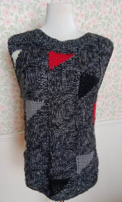 Vintage 80s Elli-G Hand Knit Vest Grey Marle w Multi Colour Geometric Size M New