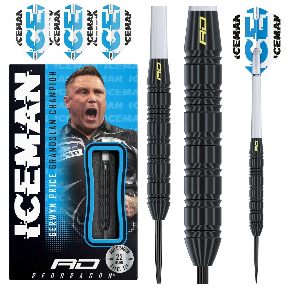 Set Di 9 Freccette Extra Spesse Gerwyn Price Iceman - 100 Micron, Design Nero