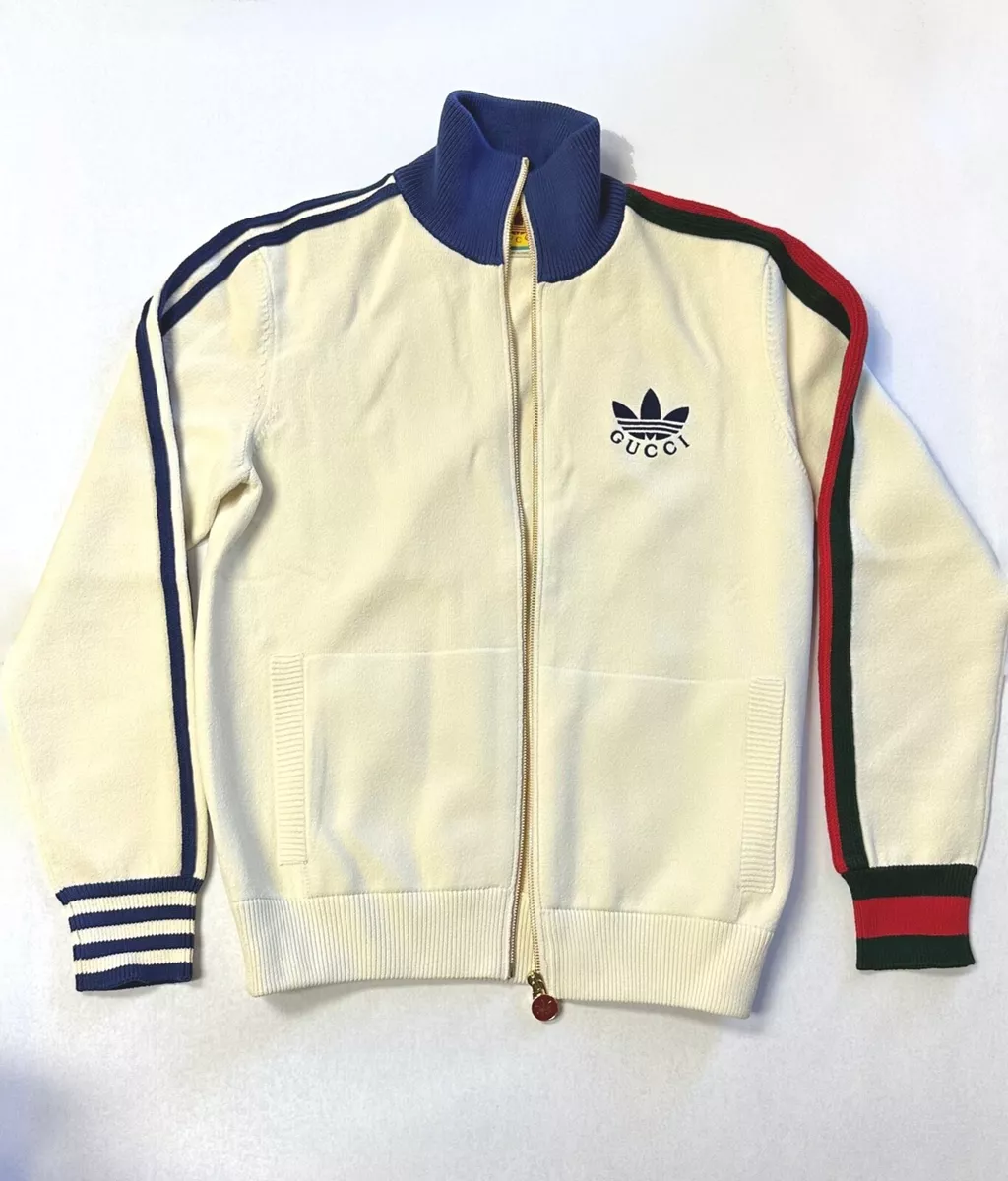 GUCCI ADIDAS VISCOSE TREFOIL WEB Stripe Zip Up Track Sport Jacket White Men  XS