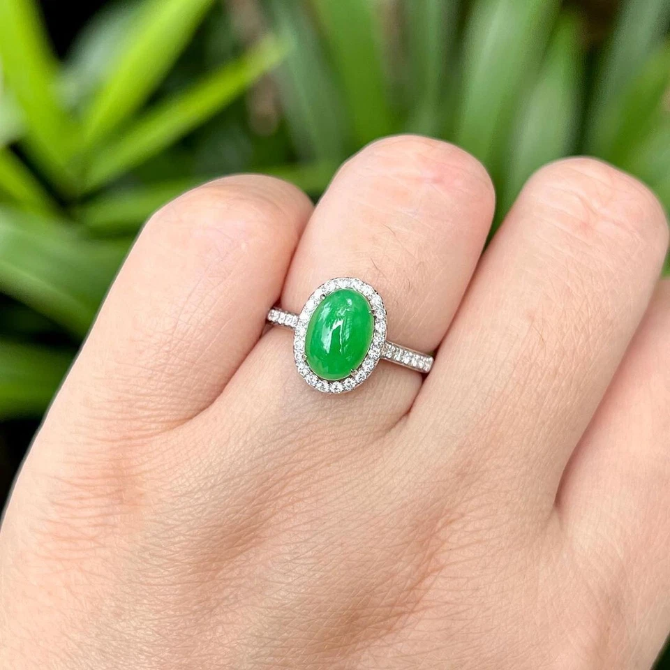 Alianza de diamantes y jadeíta verde natural corte ovalado de 1,81 quilates platino 950 6 7 8 Foto 4 de 4