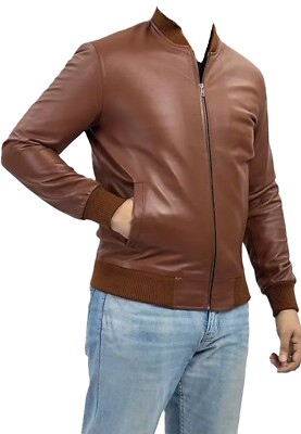 Varsity Style Herren Echtleder Bomberjacke Weiches Lammleder Freizeitkleidung...