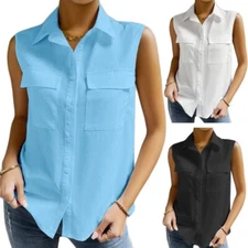 Women Business Button Down Shirt Tunic Top Sleeveless Blouses Collared