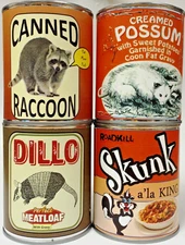 Gag Gift Four Pack of Gag Meat Cans!  Dillo, Skunk, Creamed Possum and Raccoon