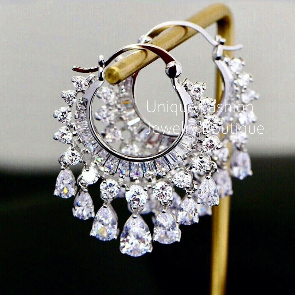 18k White Gold Plated Wedding Chandelier Earrings made w Swarovski Crystal Stone - Image 3 of 4