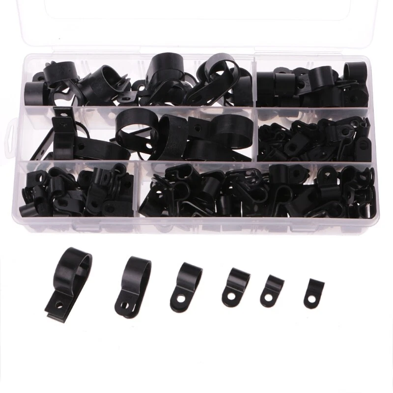Nylon Black Plastic R Clips For Wire Cable Conduit. Assorted Box 200 Pieces UK