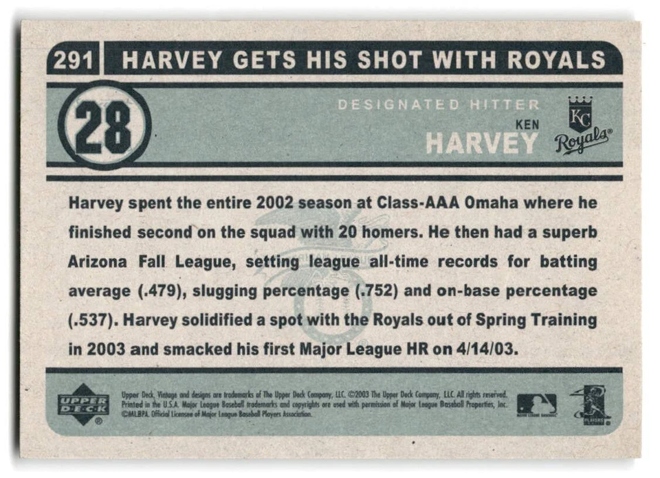 Ken Harvey 2003 Upper Deck Vintage Baseball #291 Kansas City Royals - Image 2 of 2
