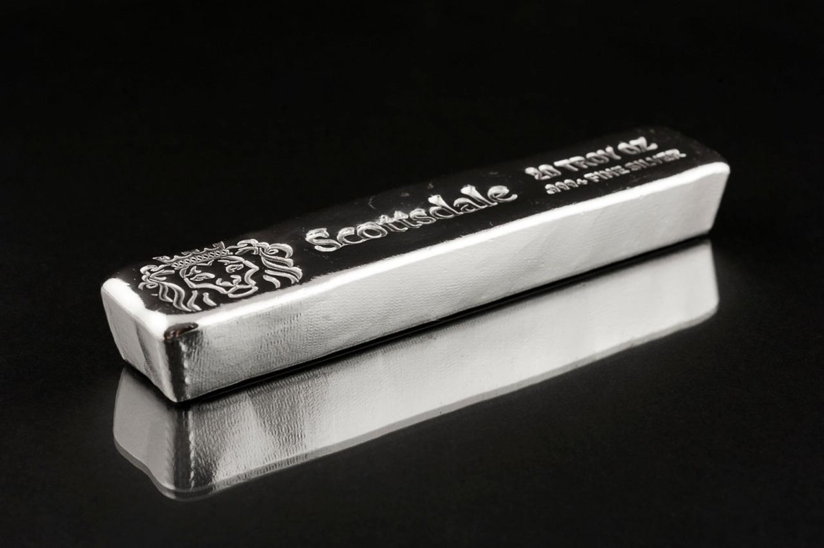 純銀99.99&amp;　シルバーバー　安い　20オンス 20 oz .999 Silver Bullion Long Cast Bar by Scottsdale Mint