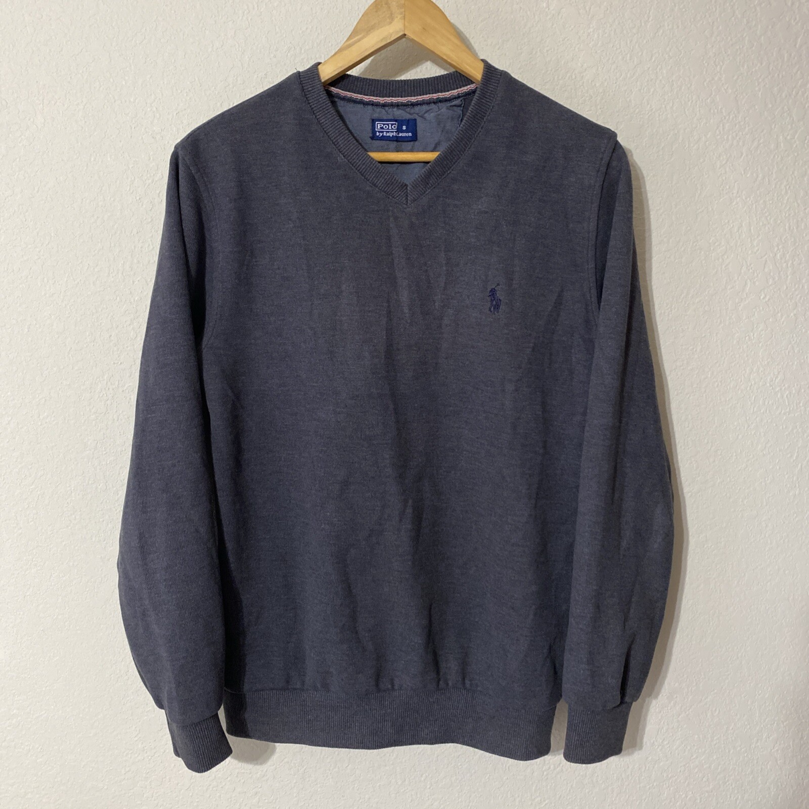 Polo Ralph Lauren felpa uomo S grigio scollo a v morbido misto cotone a costine anni 90 pony