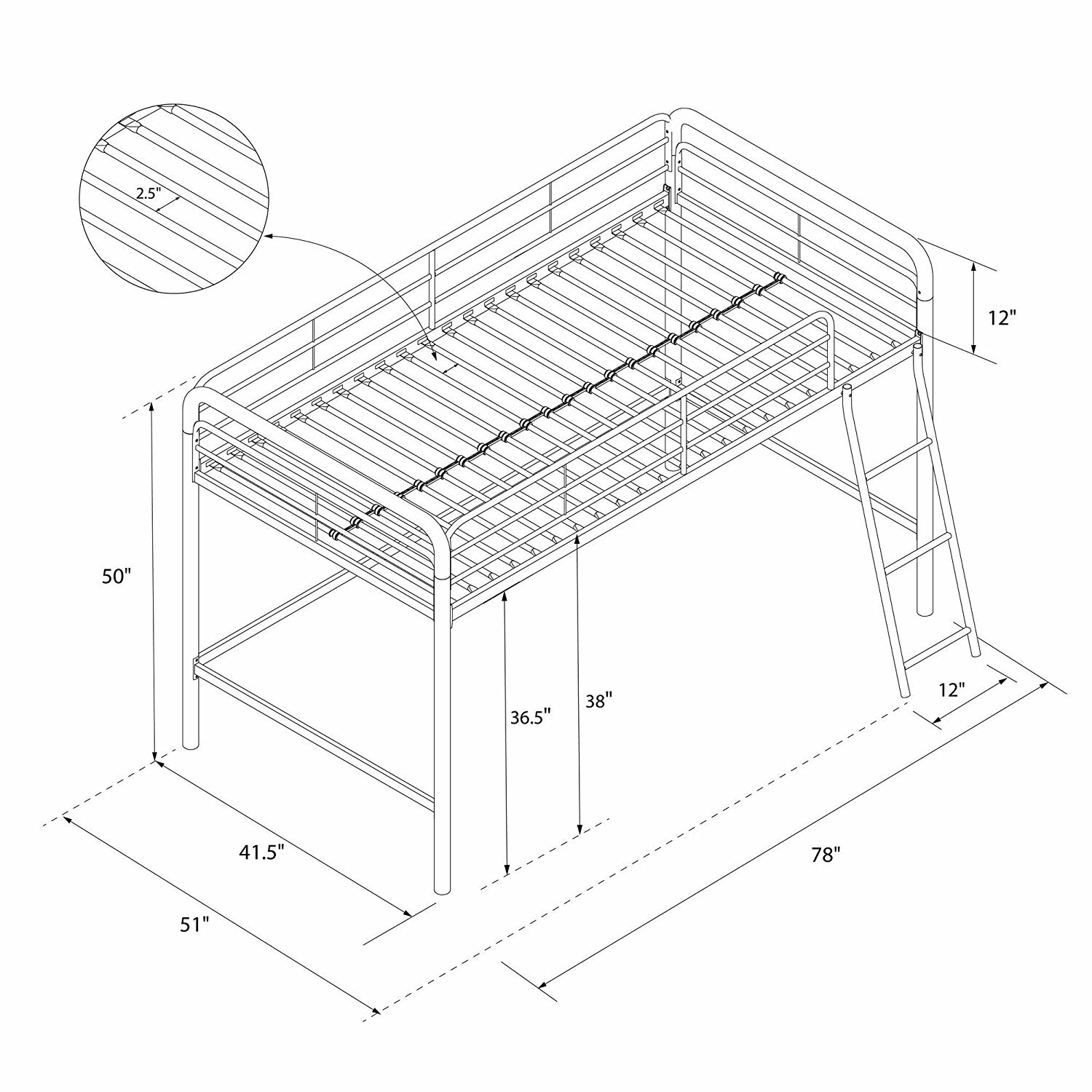 Solid White Metal Junior Loft Bed Frame Twin Size Bunk Kids Bedroom Furniture