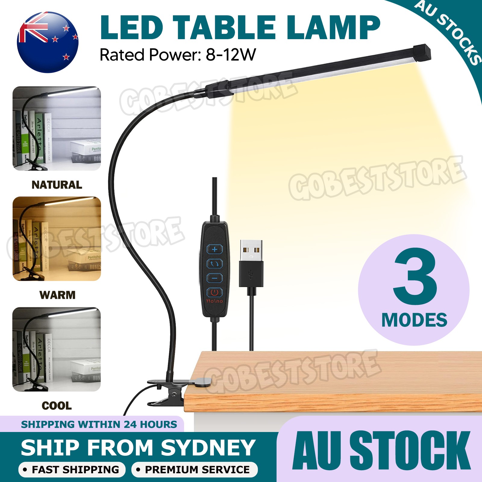 LED Table Bedside Desk Lamp with Clamp Eye-Care Study Reading Light Dimmable USB