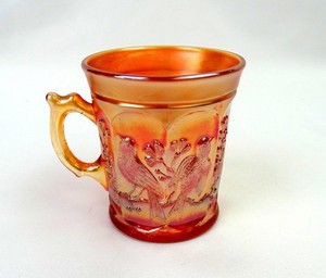 Northwood Signed Dark Marigold Carnival Glass Singing Birds 3 1/2" Mug 1905-1915