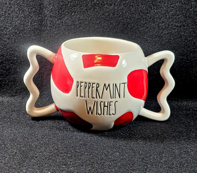 NEW RAE DUNN CHRISTMAS ''PEPPERMINT WISHES'' WHITE AND RED CANDY CANE MUG
