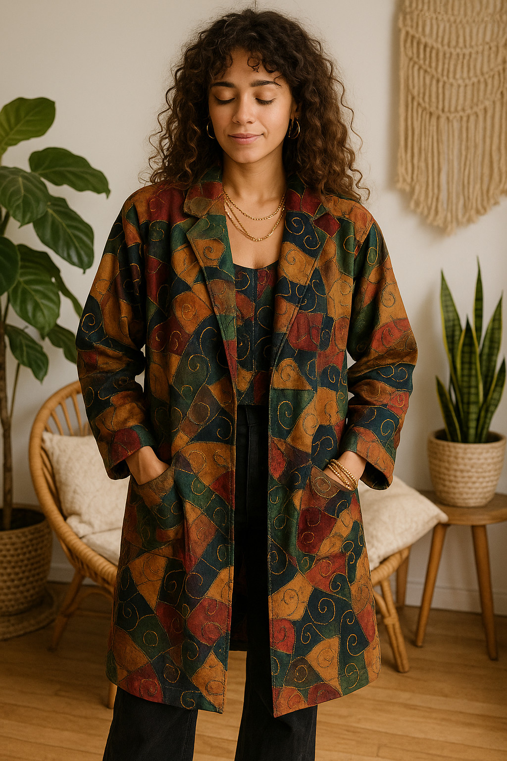 Boho Patchwork Suede Leather Duster Coat Multicol… - image 1