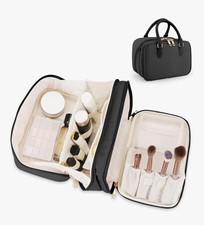 Black Nylon Makeup Bag Waterproof Organizer with Brush Holder 9.8x6.3x5.5 in