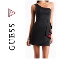 Guess One Shoulder Mini Dress Womens 7 Black Lace Ruffle Cocktail Glam Chic LBD