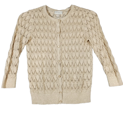 Ann Taylor Loft Cardigan Sweater Sz S Diamond Knit Beige Gold Metallic Thread