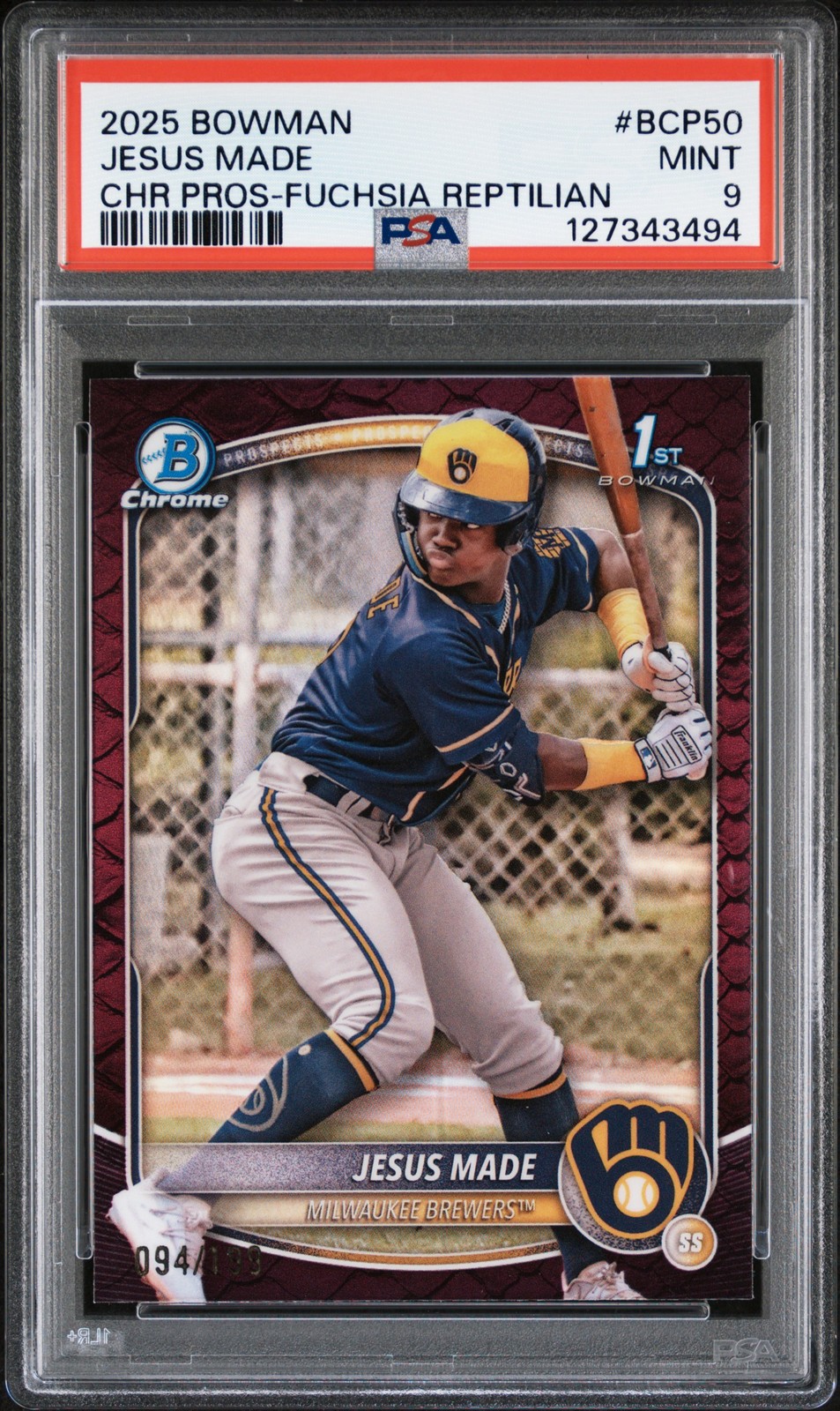 2025 BOWMAN CHROME PROSPECTS FUCHSIA REPTILIAN #BCP50 JESUS MADE 199/199 PSA 9