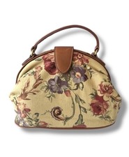 Talbots Vintage Tan Floral Tapestry Top Handle Shoulder Handbag Purse Leather