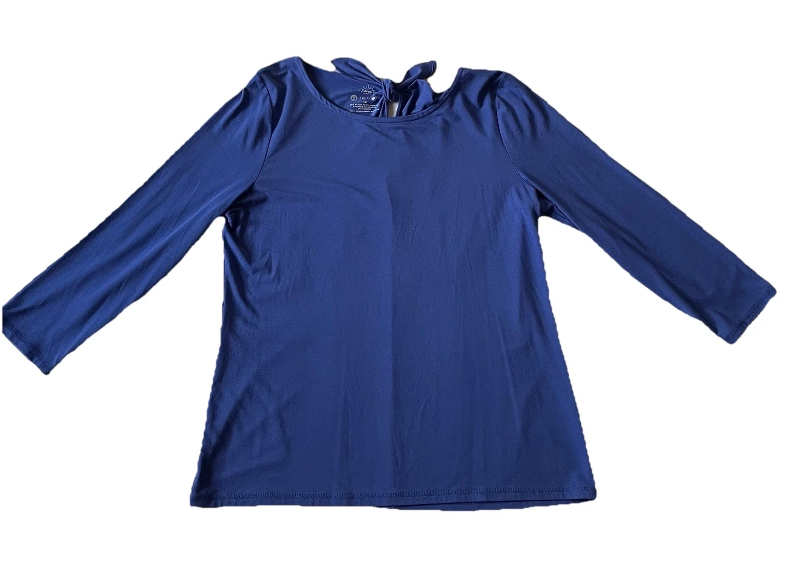 T By Talbots Women UPF50+ Pullover Tie Back Sun Protection Top L-P Blue Knit