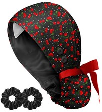 Adjustable Satin Lined Scrub Cap with Buttons-100 Cotton Red Cherry Surgical...