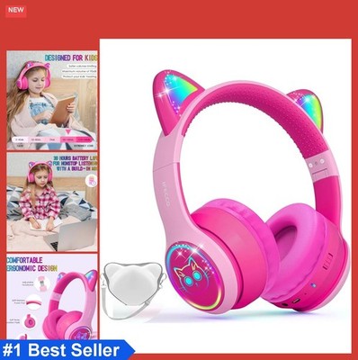 Kids Bluetooth Headphones with Cat Ears Light Up Volume Limiting Wireless Wired