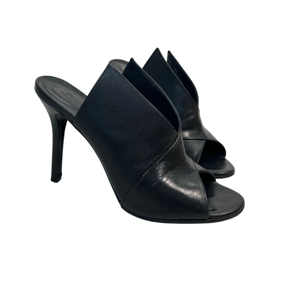 Trina Turk Negro Cuero Genuino Peep Toe Stiletto Mules Tacones Altos 7 M Foto 2 de 4