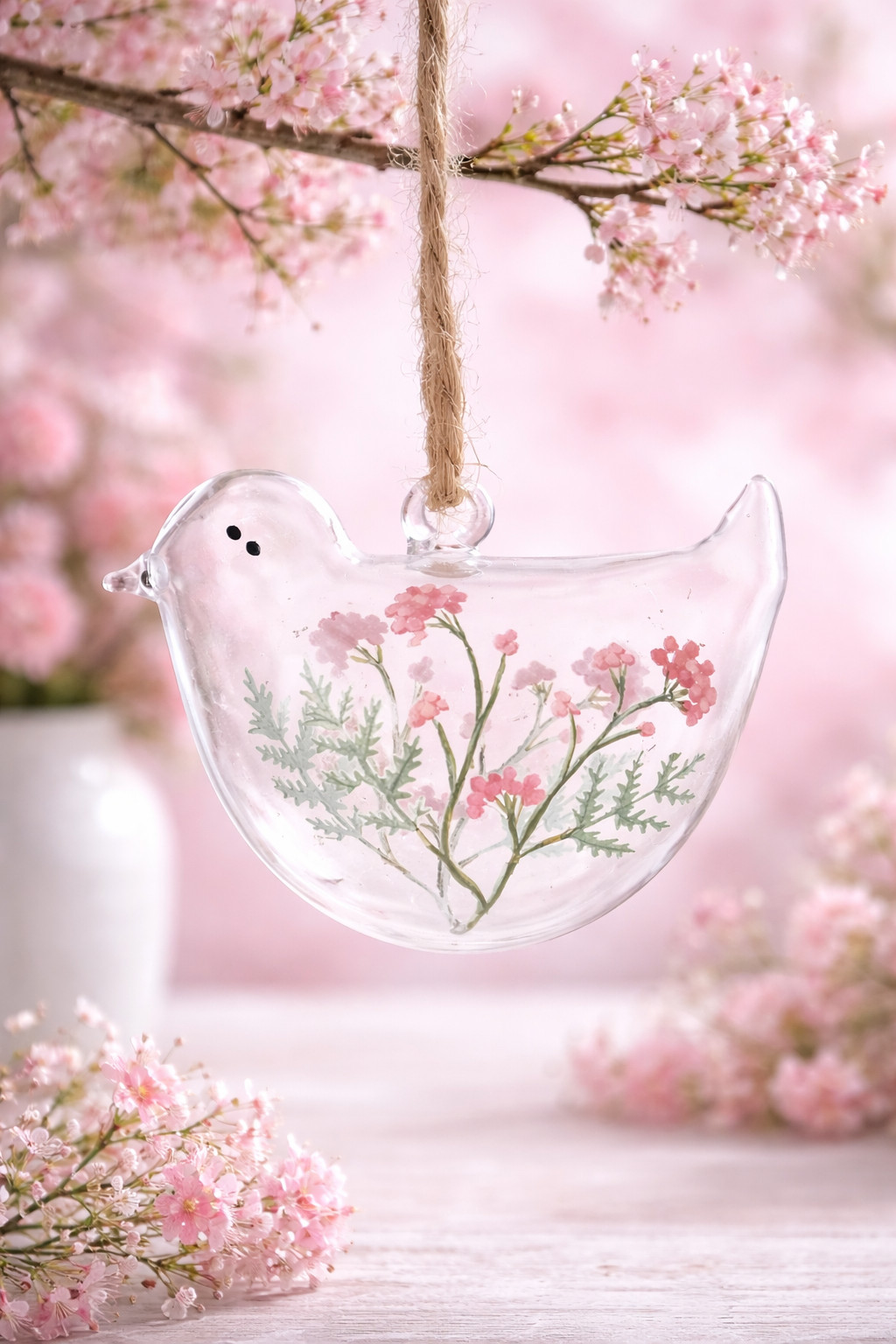 Gisela Graham Glass Bird Hanging Decoration Meadow Flowers Easter Spring Gift