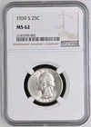 1939-S Washington Quarter 25C NGC MS62 Silver Key Date San Francisco Mint