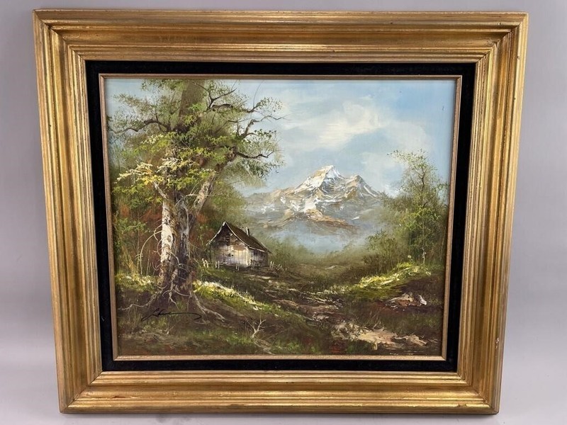 George Whitman Original Oil Painting Mountain Cabin #544 Framed Gold Leaf MCM