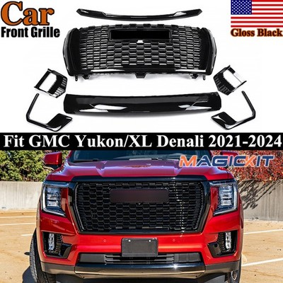 Front Grille Hood Trim Molding Gloss Black Set For GMC Yukon/XL Denali 2021-2024