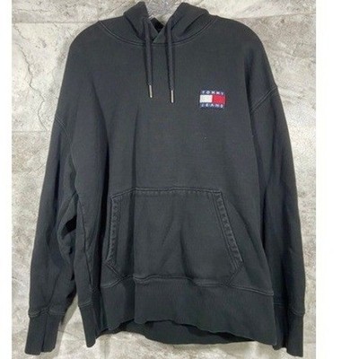 Tommy Jeans Men's XL Black Flag Logo Pullover Hoodie Cotton Sweatshirt Casual
