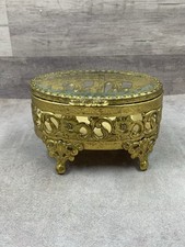 Vintage Oval Glass  Rose Filligree Footed Brass Jewelry Trinket Box Keepsakes