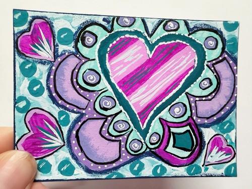 ACEO Original Painting "When the Heart Grows" Colorful Whimsical Heart Fine Art