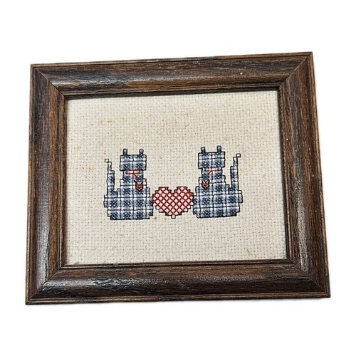 Vintage Framed Finished Cross Stitch Cats kittens Cottage Core Small