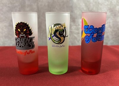 Vintage Worlds of Fun Frosted Shot Glass Set Orient Express Mamba Lot 3   KC-MO