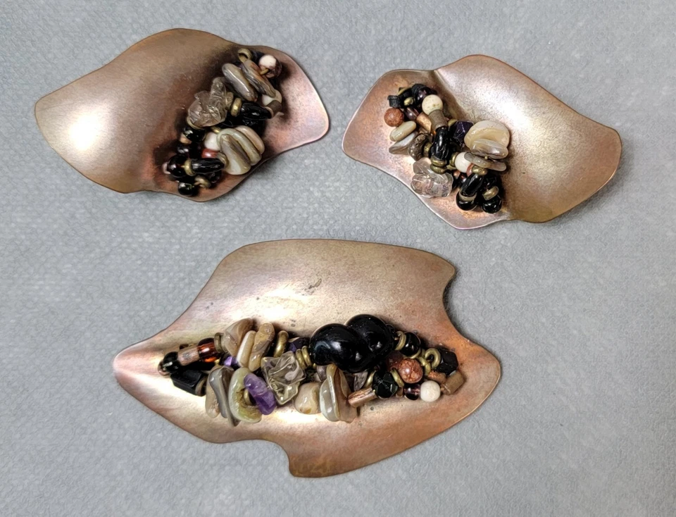 Juego de broches y pendientes de cobre y piedra firmados por artista RESUMEN Foto 4 de 4