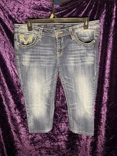 VIGOSS Capri Jeans Heritage Fit Blue Denim Embroidered Studded Pockets Women