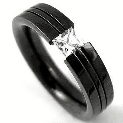Black Plated TITANIUM TENSION Solitaire RING with 4mm CZ and ACCENT, size 7