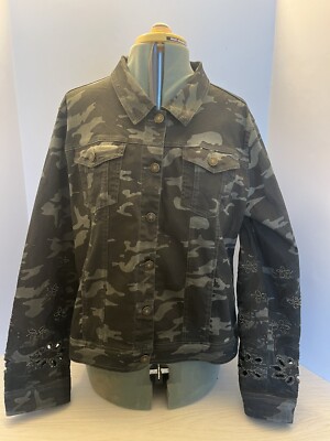 TEMPO PARIS Green Camo Jacket, Embellished Sleeve, Size L