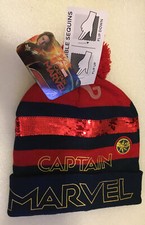 Captain Marvel Pompom Beanie Red/Navy Stripe Gold Flip Sequin One Size